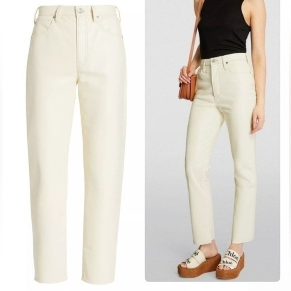 Frame || Le High n Tight Straight Leather Blend Pants in Bone Ivory Cream 26 NWT